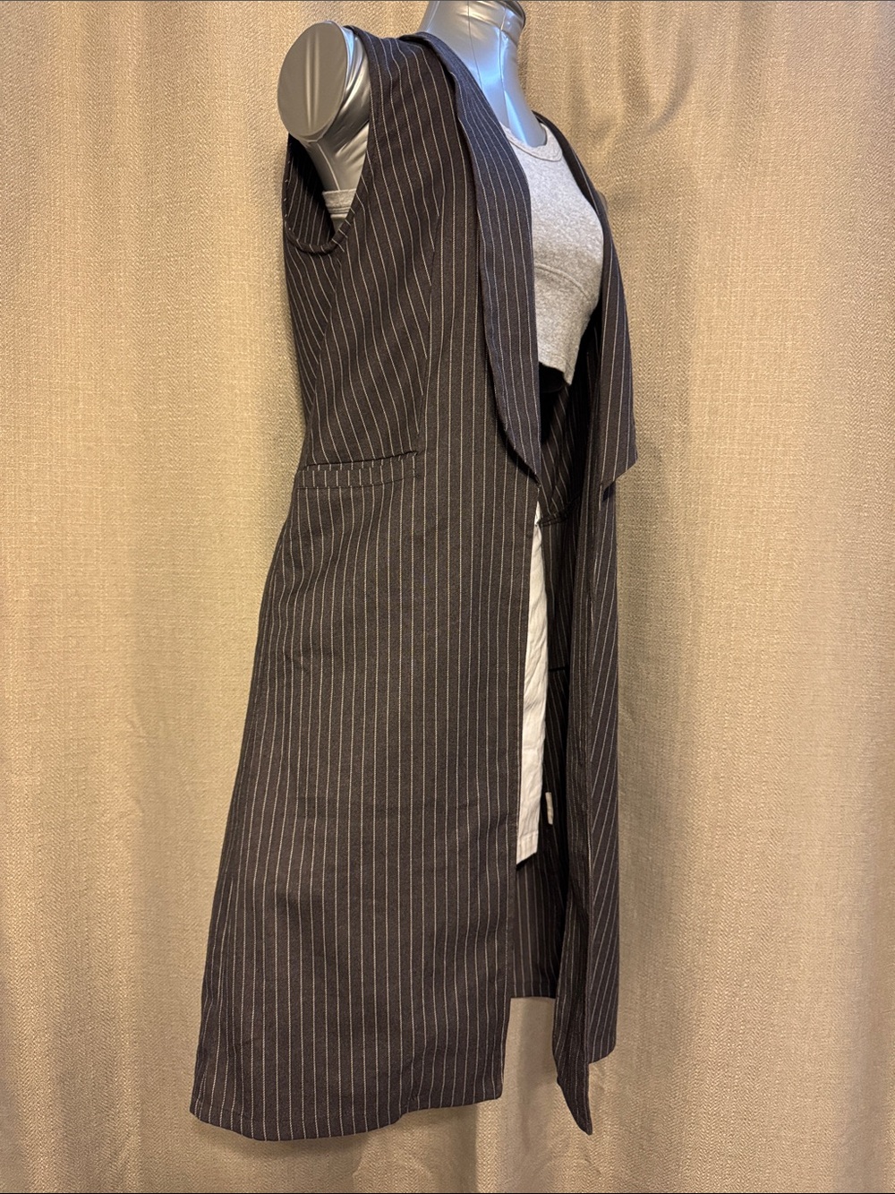 Women's Pinstripe Long Vest in Mocha Brown
